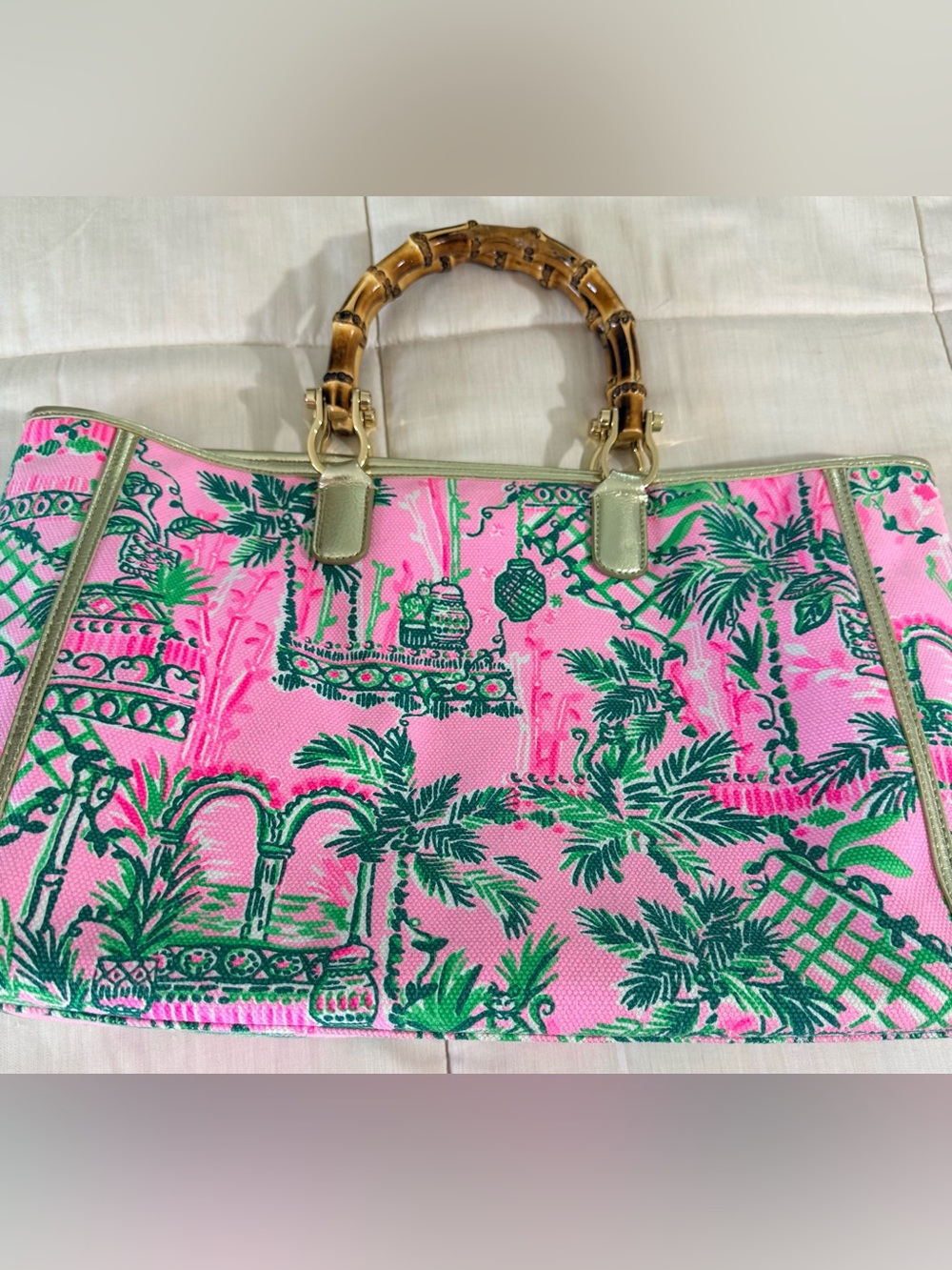 Lilly Pulitzer Greydon Canvas Tote natural bamboo top handles gold hardware EC - Picture 7 of 8